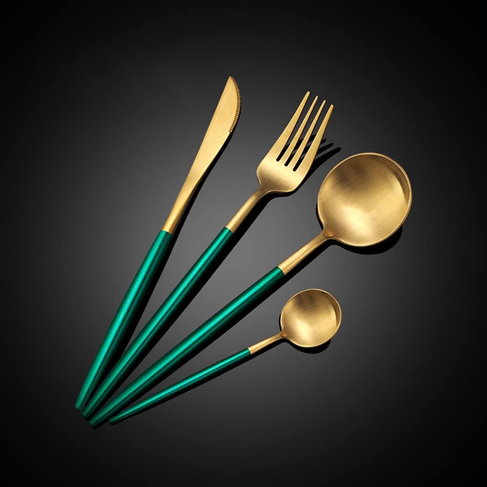 Silverware Set,16 Piece Durable 18/10 Stainless Steel Green Gold Flatware Set for 4,Eating Home Kitchen Set for Cutlery Mirror Polished.