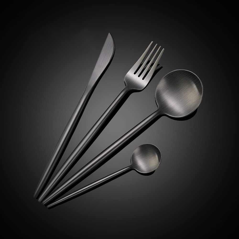 Black Silverware Set,Durable 18/10 Stainless Steel Flatware Sets,Eating Home Kitchen Set for Cutlery Include Knife Fork Spoon Dessert Spoon,Mirror Polished.