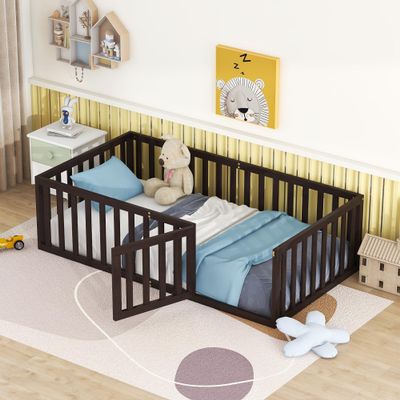 Harper & Bright Designs Floor Platform Bed Twin Size with Fence and Doors, Grounded Bed Frame for Small Space, No Slats, Walnut