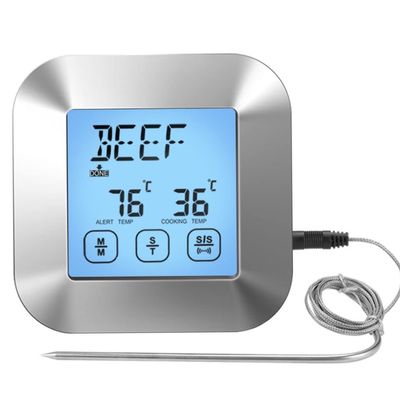 Digital Cooking Thermometer, 3.3 x 1 x 3.3 in Large LCD Food Meat Thermometer Smoker Oven Kitchen BBQ Grill Thermometer Clock Timer with Stainless Steel Probe for Smoker Kitchen Oven BBQ (Silver)