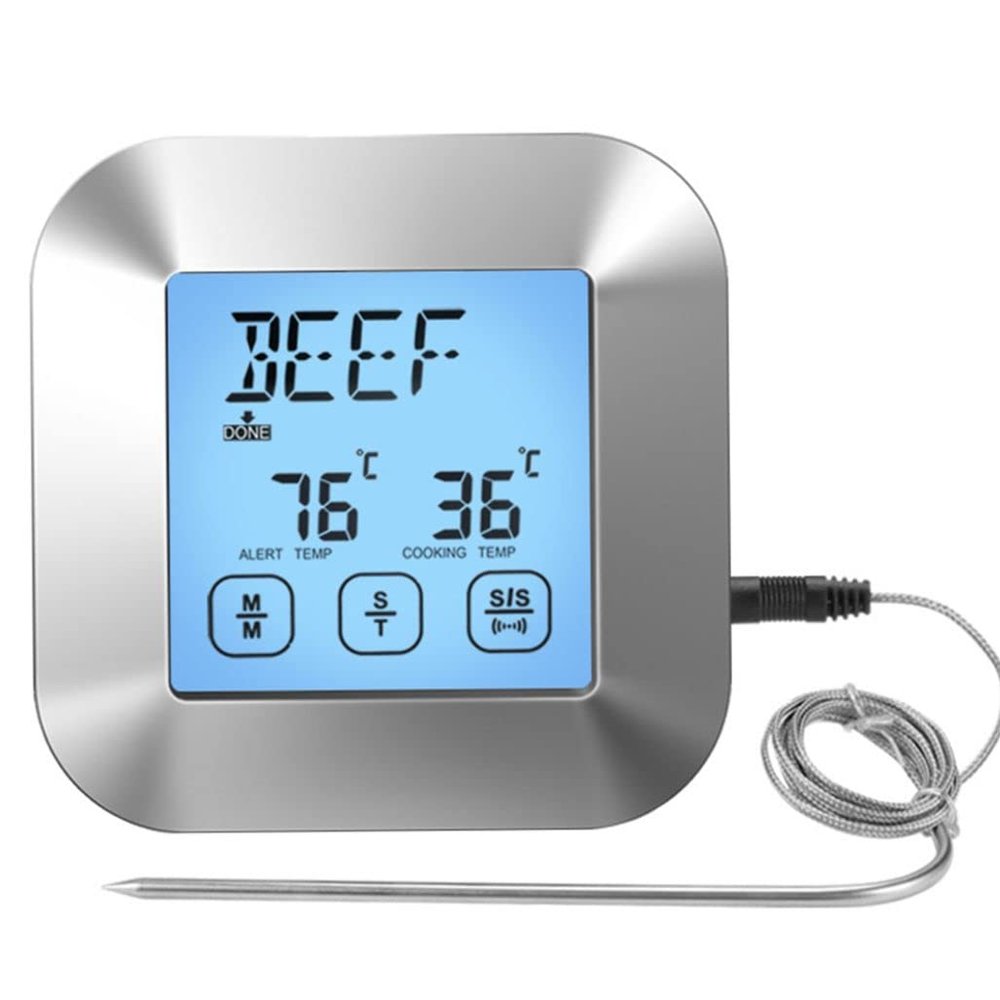 Digital Cooking Thermometer, 3.3 x 1 x 3.3 in Large LCD Food Meat Thermometer Smoker Oven Kitchen BBQ Grill Thermometer Clock Timer with Stainless Steel Probe for Smoker Kitchen Oven BBQ (Silver)