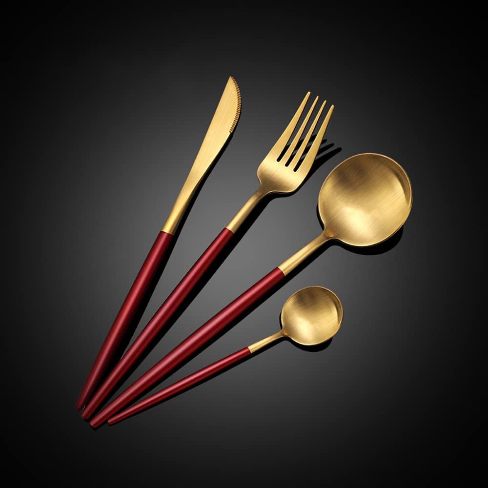 Silverware Set,16 Piece Durable 18/10 Stainless Steel Red Gold Flatware Set for 4,Eating Home Kitchen Set for Cutlery Mirror Polished.
