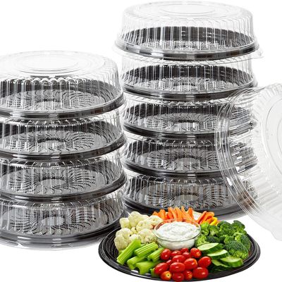 12 Pack Convenient Plastic Food Containers with Lids 12 in Disposable Serving Tray  Black Serving Platter  Food Tray  Recyclable Plastic Tray with Clear Lid  Serving Trays for Party And Occasions