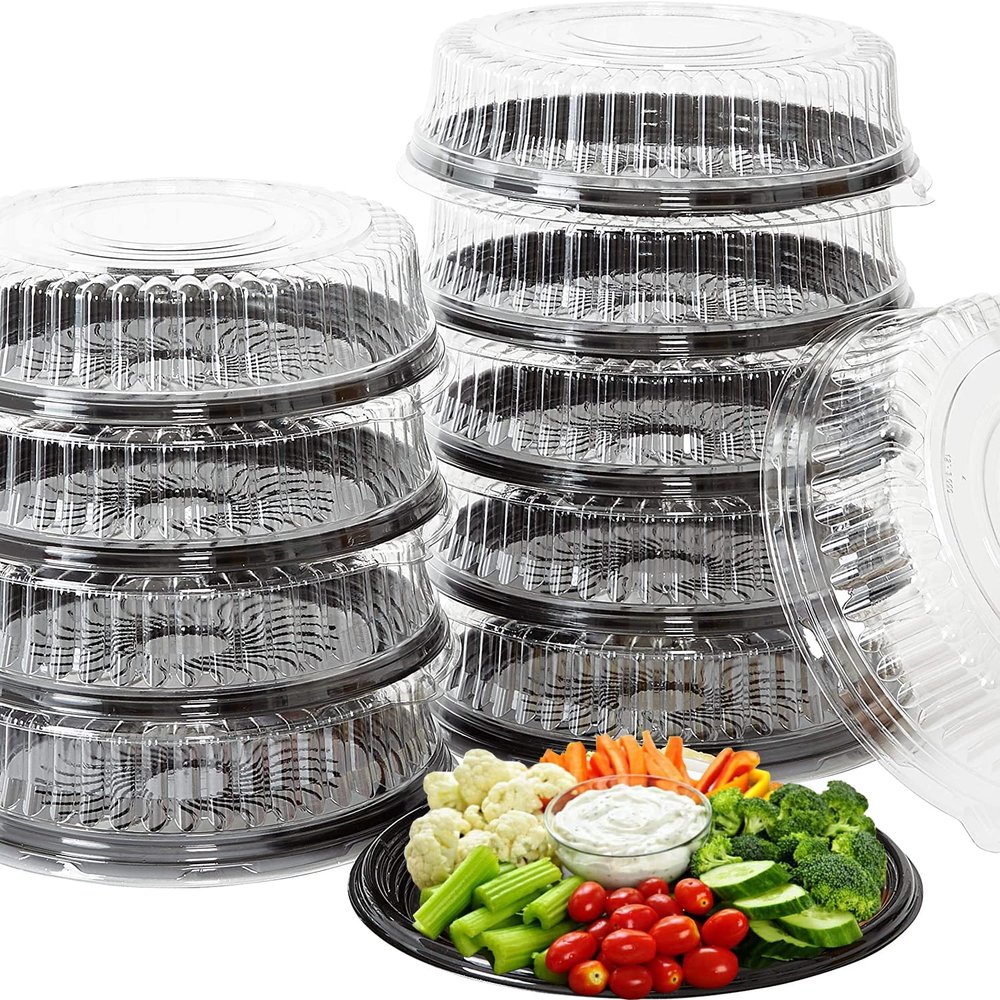 12 Pack Convenient Plastic Food Containers with Lids 12 in Disposable Serving Tray  Black Serving Platter  Food Tray  Recyclable Plastic Tray with Clear Lid  Serving Trays for Party And Occasions