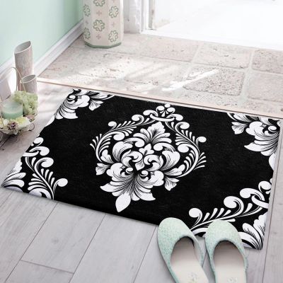 Absorbent Bath Rugs Fluffy Plush Bathroom Doormat Indoor Shaggy Carpet Classic Mid Century Damask Floral Non Slip Super Soft Floor Mats Black and White Flower Art for Bedroom/Living Room Front Door