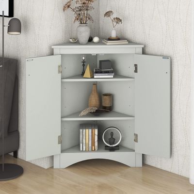 Mancofy Home Corner Storage Cabinet, Bathroom Triangle Floor Storage Cabinet with Adjustable Shelves, Freestanding Floor Cabinet with 2 Doors (Grey)