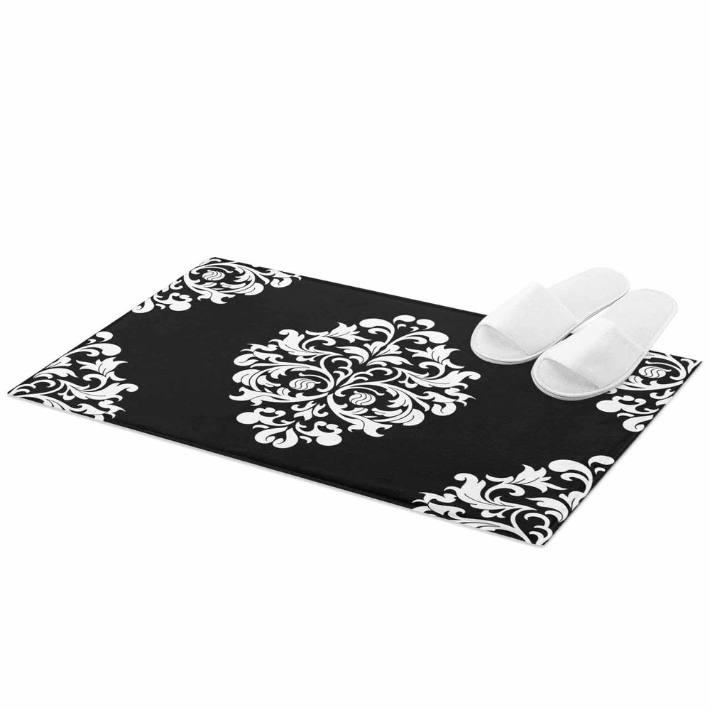 Absorbent Bath Rugs Fluffy Plush Bathroom Doormat Indoor Shaggy Carpet Classic Mid Century Damask Floral Non Slip Super Soft Floor Mats Black and White Flower Art for Bedroom/Living Room Front Door