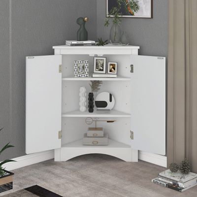 Mancofy Home Corner Storage Cabinet, Bathroom Triangle Floor Storage Cabinet with Adjustable Shelves, Freestanding Floor Cabinet with 2 Doors (White)