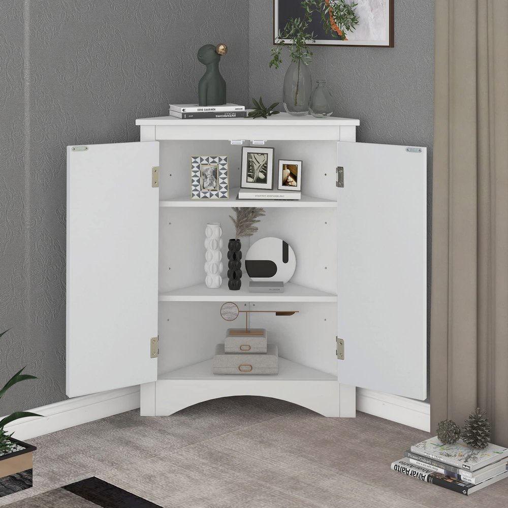 Mancofy Home Corner Storage Cabinet, Bathroom Triangle Floor Storage Cabinet with Adjustable Shelves, Freestanding Floor Cabinet with 2 Doors (White)