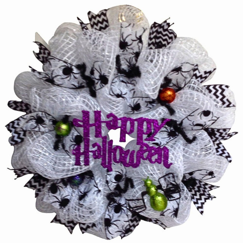 Happy Halloween Spider Wreath Handmade Deco Mesh. Available in 24 inch and 28 inch diameters