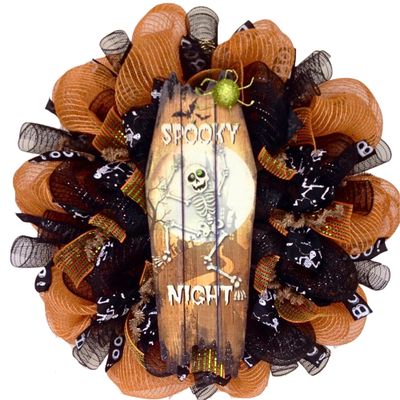 Spooky Night Dancing Skeleton Handmade Deco Mesh Halloween Wreath. Available in 24 inch and 28 inch diameters
