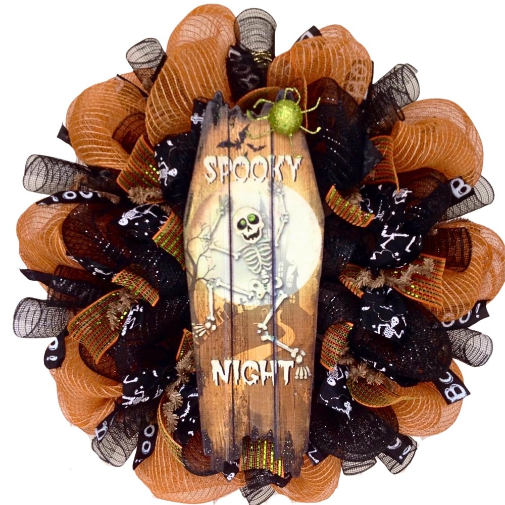 Spooky Night Dancing Skeleton Handmade Deco Mesh Halloween Wreath. Available in 24 inch and 28 inch diameters