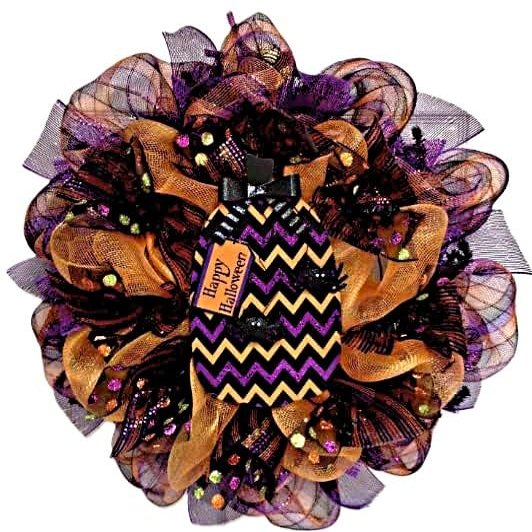 Chevron Halloween Pumpkin Deco Mesh Wreath. Available in 24 inch and 28 inch diameters