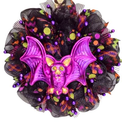 Halloween Bat with Moving Eyes Handmade Deco Mesh Wreath. Available in 24 inch and 28 inch diameters