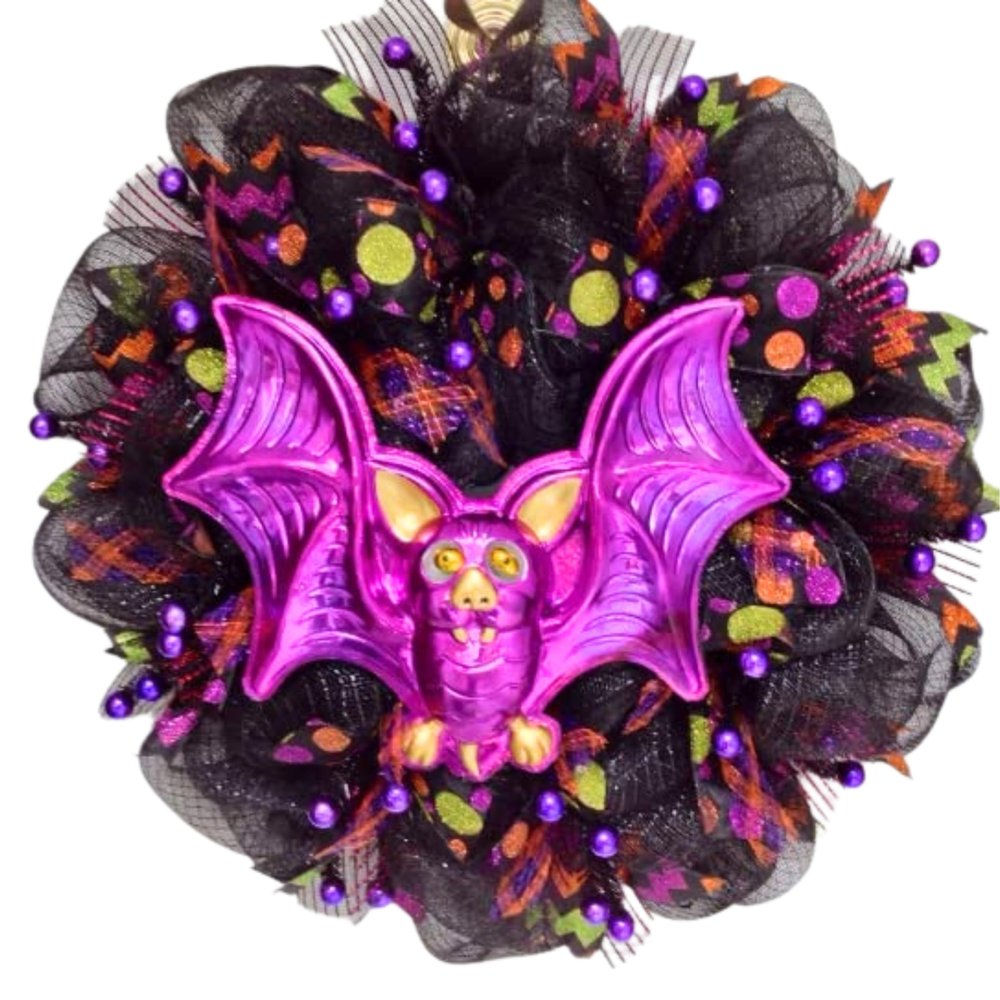 Halloween Bat with Moving Eyes Handmade Deco Mesh Wreath. Available in 24 inch and 28 inch diameters