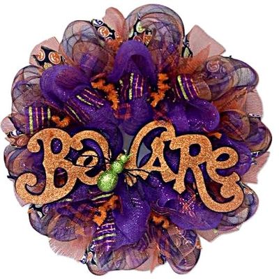 Spooky Beware Halloween Wreath with Large Spider Handmade Deco Mesh. Available in 24 inch and 28 inch diameters