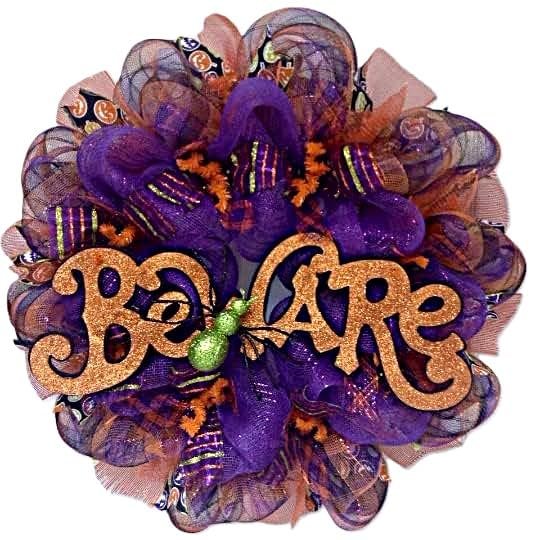 Spooky Beware Halloween Wreath with Large Spider Handmade Deco Mesh. Available in 24 inch and 28 inch diameters