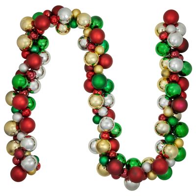Northlight 6' Traditional Colors 2-Finish Shatterproof Ball Christmas Garland, 6', Red