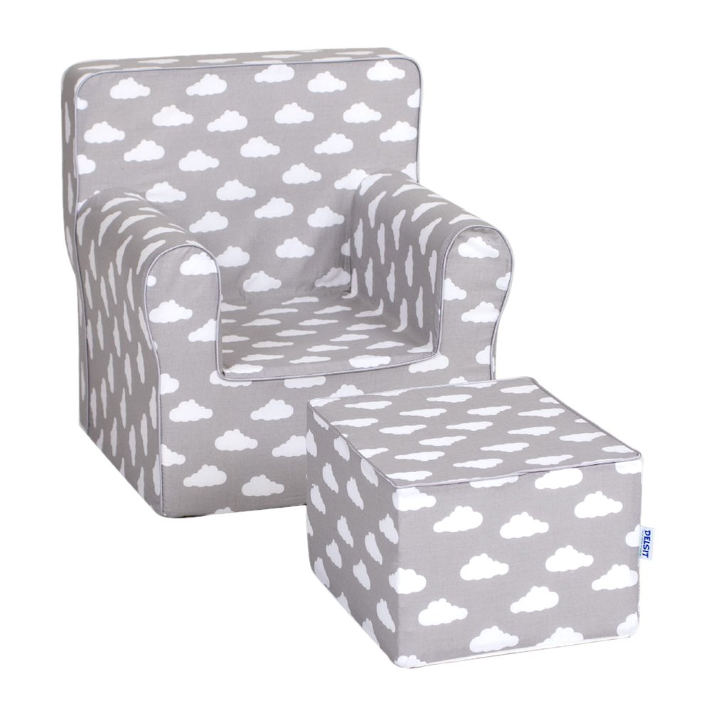 Delsit Toddler Chair with Footrest - European Made Lightweight Kids Armchair - Comfortable Reading Chair for Kids - Stylish Playroom Decor - Perfect for Toddlers & Children | (Gray with Clouds)