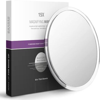 Mavoro 6'' Magnifying Mirror with 3 Strong Suction Cups | 15X Magnification | Portable Travel Makeup & Cosmetic Mirror (15X)