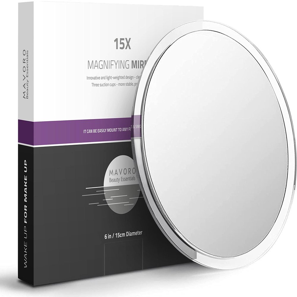 Mavoro 6'' Magnifying Mirror with 3 Strong Suction Cups | 15X Magnification | Portable Travel Makeup & Cosmetic Mirror (15X)