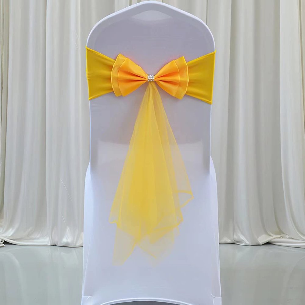 50Pcs Stretch Satin Chair Sashes Bows Chair Bands Decor for Hotel Wedding Reception Party Event Chair Cover Decoration Gold