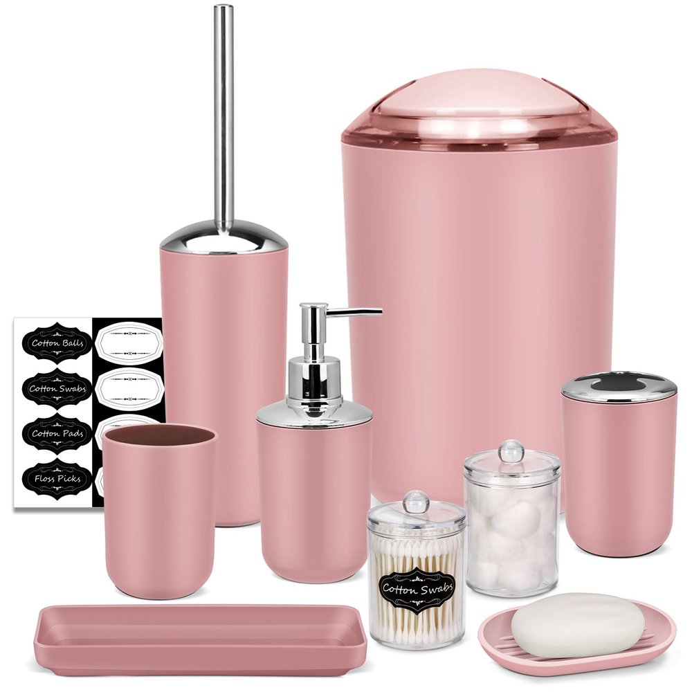 IMAVO Bathroom Accessories Set,Pink Bathroom Set,9 Pieces Bathroom Accessory Set,Tray,Qtip Holders,Toilet Brush,Trash Can for Bathroom Dcor and Home Gifts