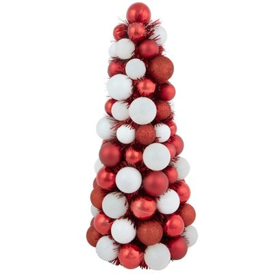 3-Finish Shatterproof Ball Christmas Tree with Tinsel - 15.75" - Red and White