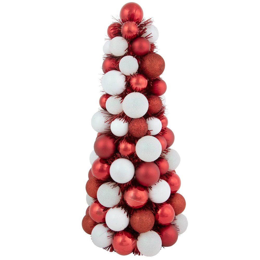 3-Finish Shatterproof Ball Christmas Tree with Tinsel - 15.75" - Red and White