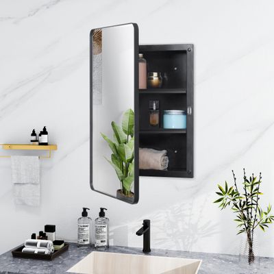Fundin Plastic Black Medicine Cabinet, Beveled Edge Mirror Door with Round Corner Metal Frame, Recessed and Surface Mount Bathroom Medicine Cabinet, 16 x 24 inch Mirror Size