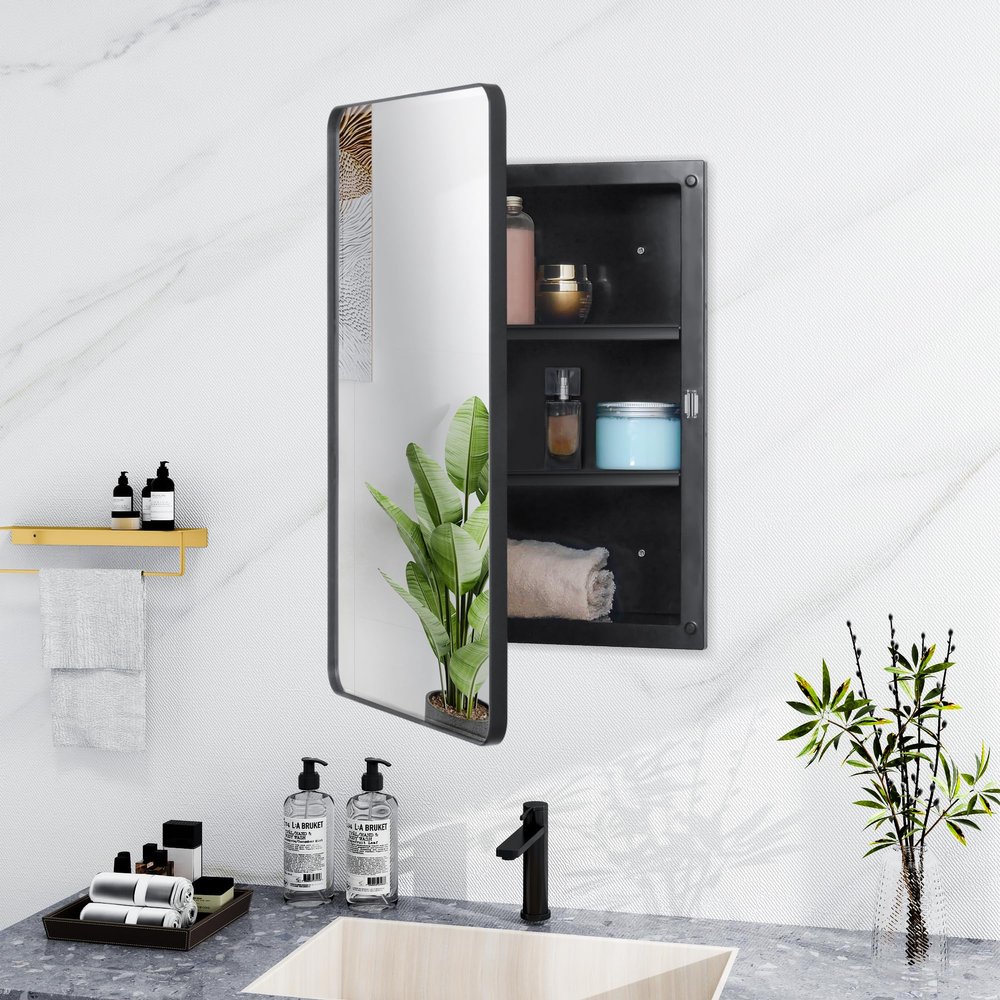Fundin Plastic Black Medicine Cabinet, Beveled Edge Mirror Door with Round Corner Metal Frame, Recessed and Surface Mount Bathroom Medicine Cabinet, 16 x 24 inch Mirror Size