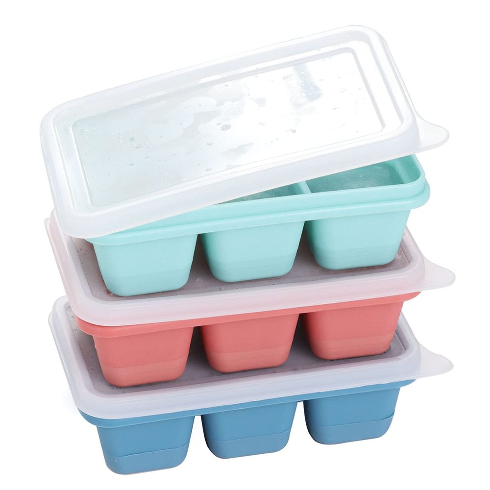 Mini Ice Cube Trays for Freezer with Easy-Release Silicone Bottom, Small Ice Cube Molds with Lid for Cocktail, 3 Pack Blue&Red&Green