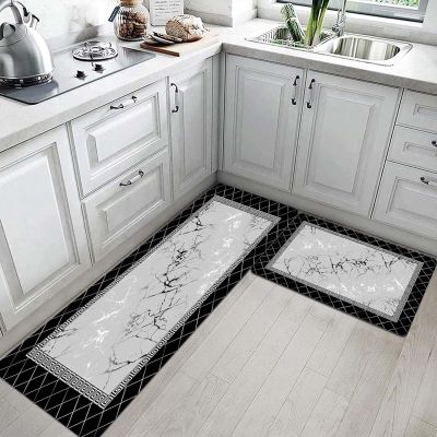 EMMTEEY Marble Kitchen Rugs 2 Pieces Set Cushioned Kitchen Rugs and Mats Non Slip Waterproof Comfort Standing Mat Black Gray Foam Kitchen Mats for Laundry Office Sink 17.3"X29"+17.3"X47"