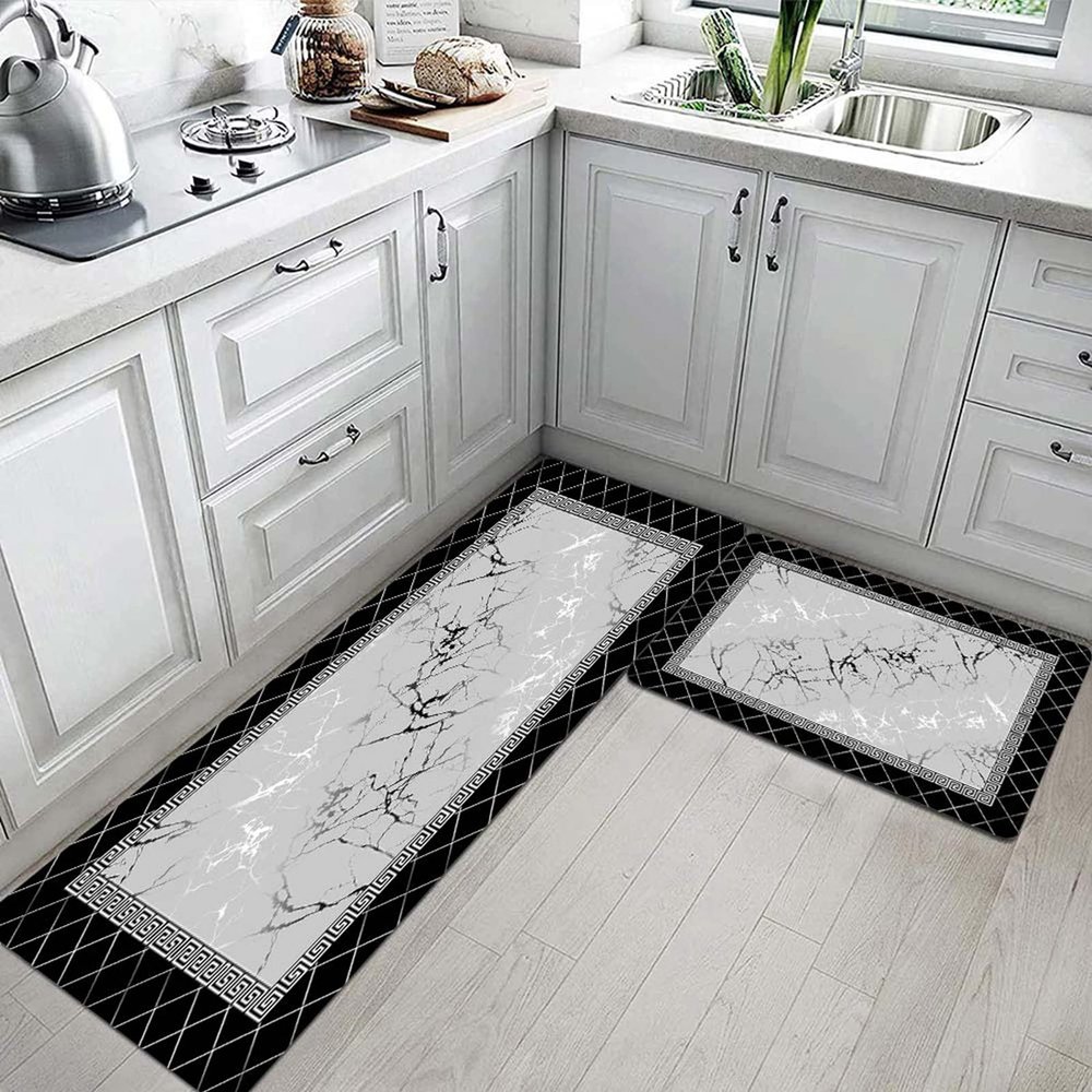 EMMTEEY Marble Kitchen Rugs 2 Pieces Set Cushioned Kitchen Rugs and Mats Non Slip Waterproof Comfort Standing Mat Black Gray Foam Kitchen Mats for Laundry Office Sink 17.3"X29"+17.3"X47"