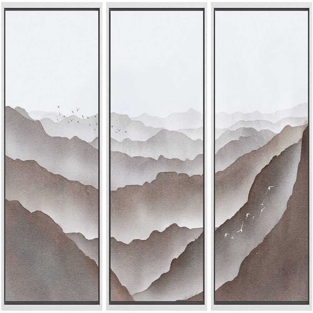 SIGNWIN Framed Canvas Print Wall Art Set Pastel Brown Mountain Range Horizon Nature Wilderness Illustrations Modern Art Decorative Nordic Abstract for Living Room, Bedroom, Office - 16"x24"x3 White
