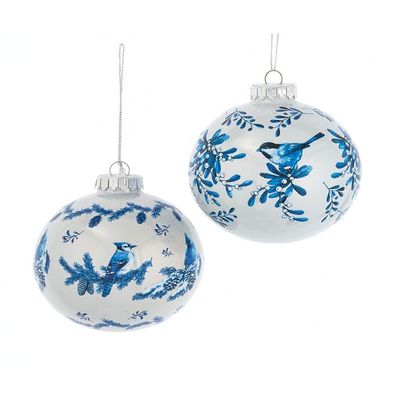 100MM Glass Blue and White Bird Ball Ornaments, 2 Assorted