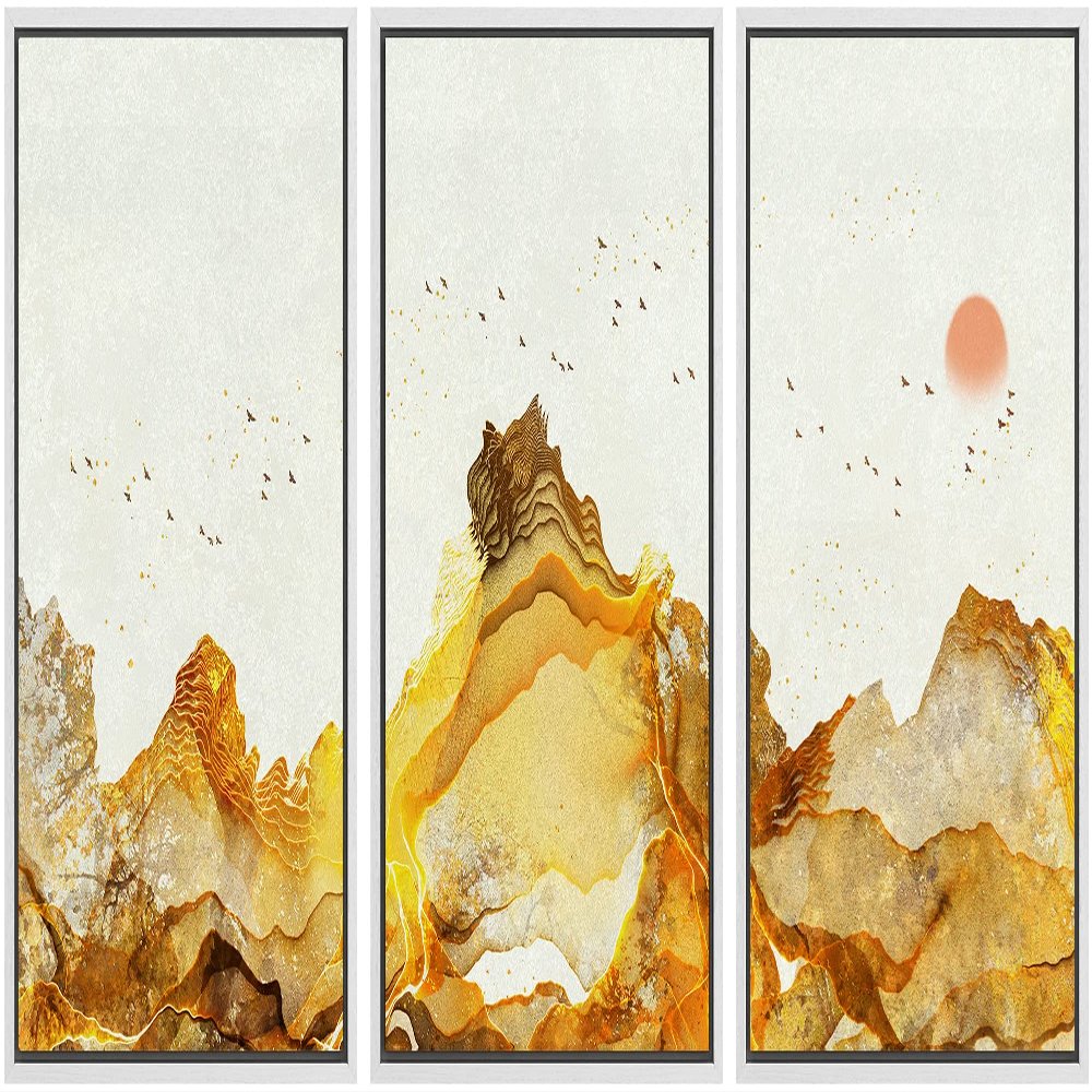 SIGNWIN Framed Canvas Print Wall Art Vibrant Golden Smoke Wave Bird Sky Landscape Abstract Shapes Illustrations Minimalism Decorative Relax/Calm for Living Room, Bedroom, Office - 16"x24"x3 White