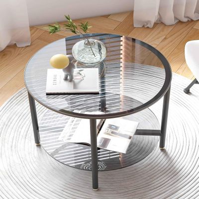 Artloge Tempered Glass End Table 2-Tier Round Nightstand Set 20 inch High Grey