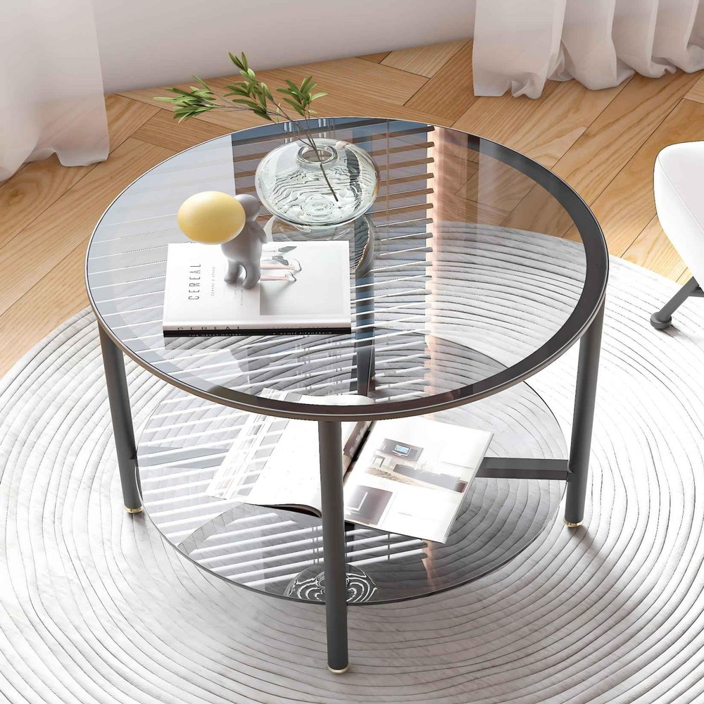 Artloge Tempered Glass End Table 2-Tier Round Nightstand Set 20 inch High Grey