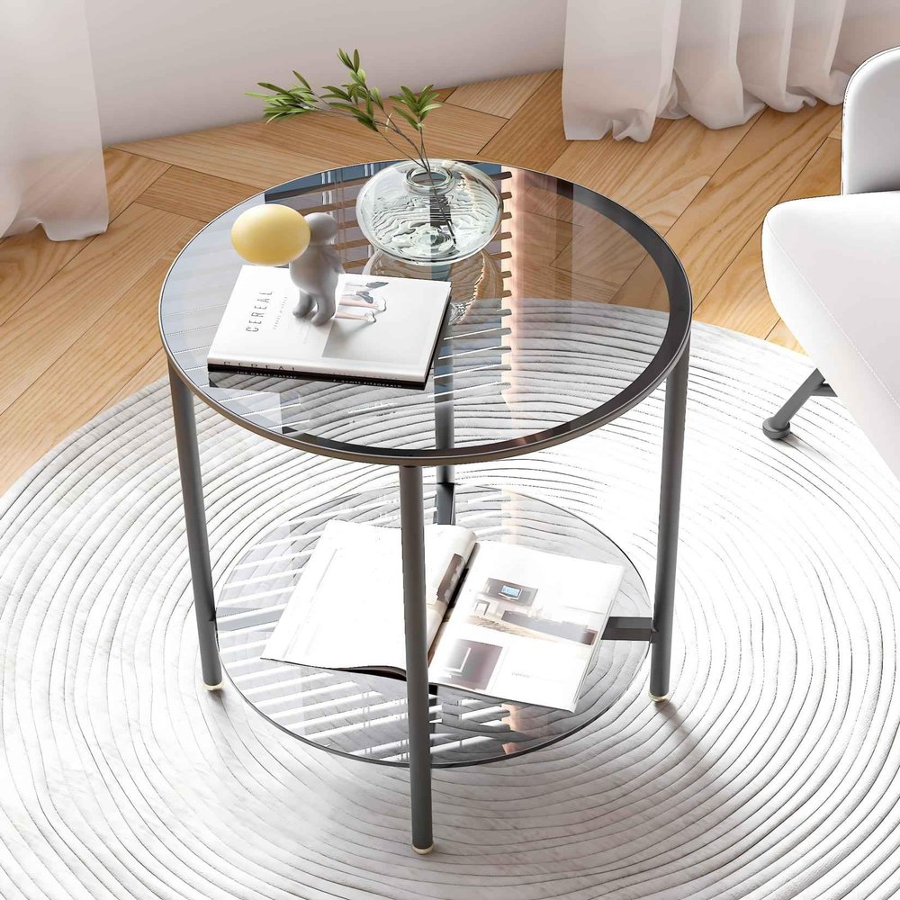 Artloge Tempered Glass End Table 2-Tier Round Nightstand Set 22 inch High Grey