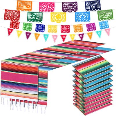 10 Pack 14 x 84 In Mexican Serape Table Runners, 29 Pcs Papel Picado Banner, Fiesta Hanging Banner and Pennant Flag Banner Colorful Bunting Banner for Mexican Theme Party (Rose Red, Blue)