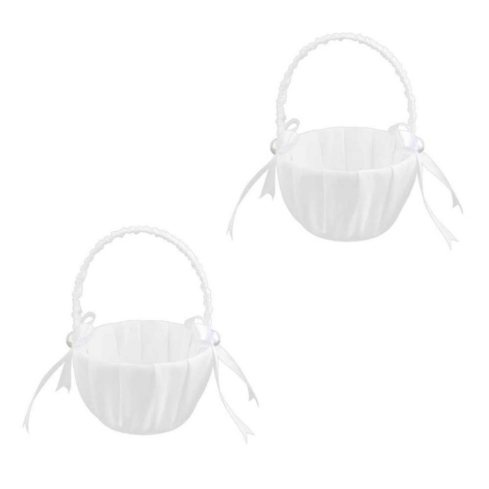 Sewroro 2 Pcs Flower Girl Baskets Pearl Flower Basket Romantic White Satin Bowknot Pearl Flower Girl Satin Wedding Basket