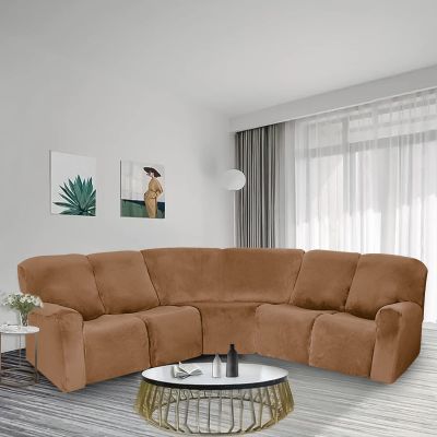 5 Seater Sectional Recliner Cover, 7-Pieces Recliner Sofa Covers, Corner Reclining Sofa L-Shaped Sectional Couch Slipcovers Furniture Protector Thick Soft Washable(Leather Color)