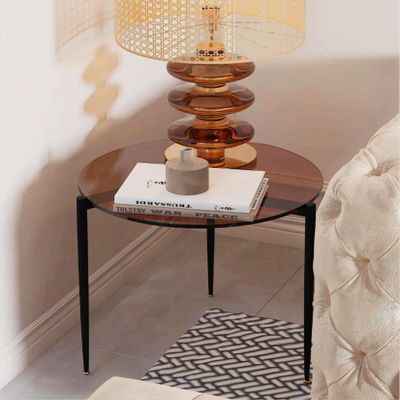 Artloge Modern End Table Round Tempered Glass Top Metal Legs 19.8 in Brown