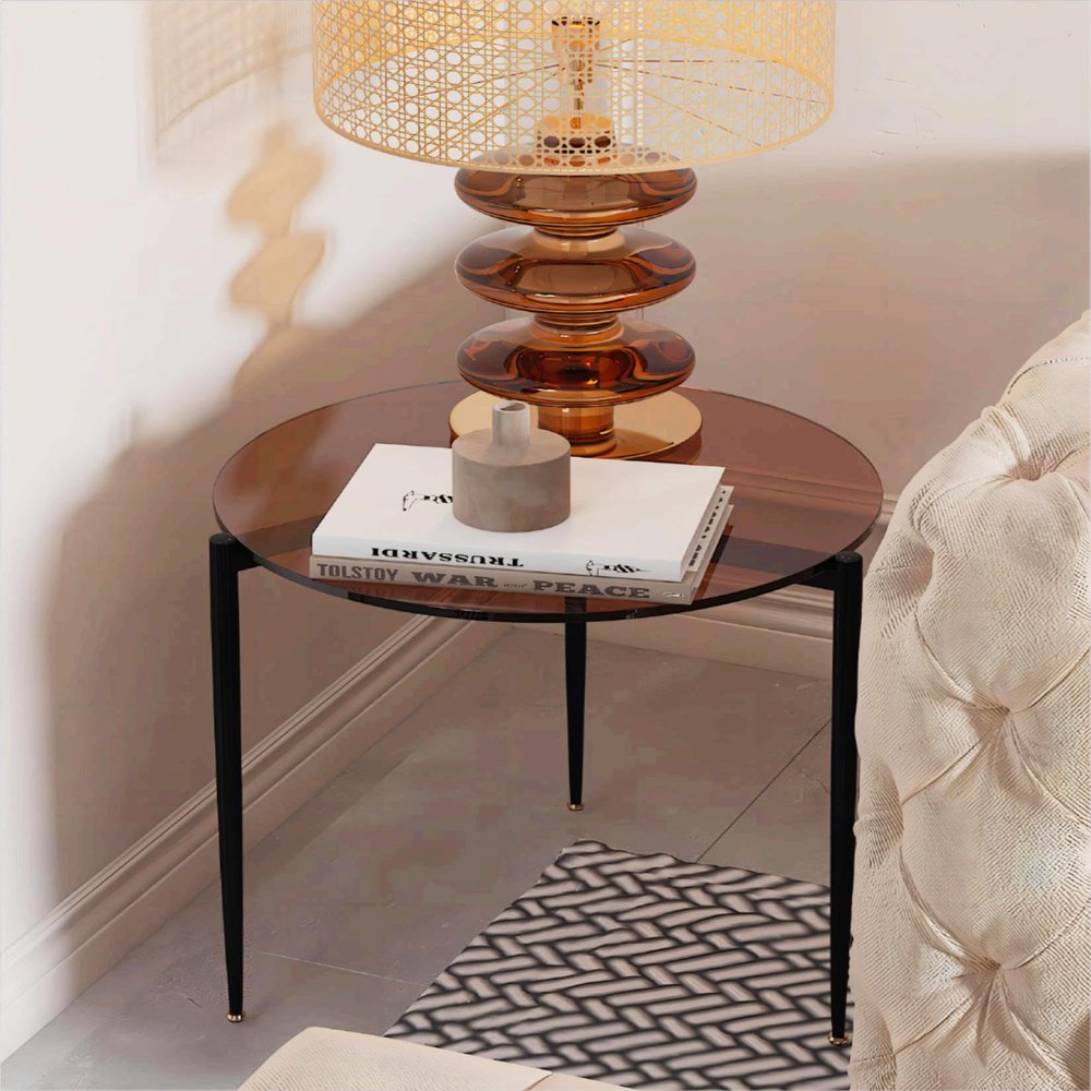 Artloge Modern End Table Round Tempered Glass Top Metal Legs 19.8 in Brown