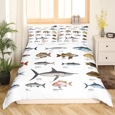 Bass Fish Bedding Sets Full Size Boys Teens Kids Ocean Theme Bedspread Cover,Big Pike Fish Duvet Cover Sea Animal Print Bedding Sets Bass Big Fish Decor Comforter Cover for Adult Youth Girls Men