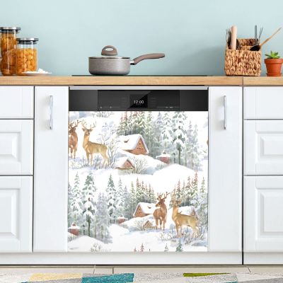 ALAZA Winter Snow Deer Landscape Merry Christmas Dishwasher Magnet Cover Sticker Decorative Refrigerator Magnet Panel Decal Cover for Home Kitchen Appliance Decor