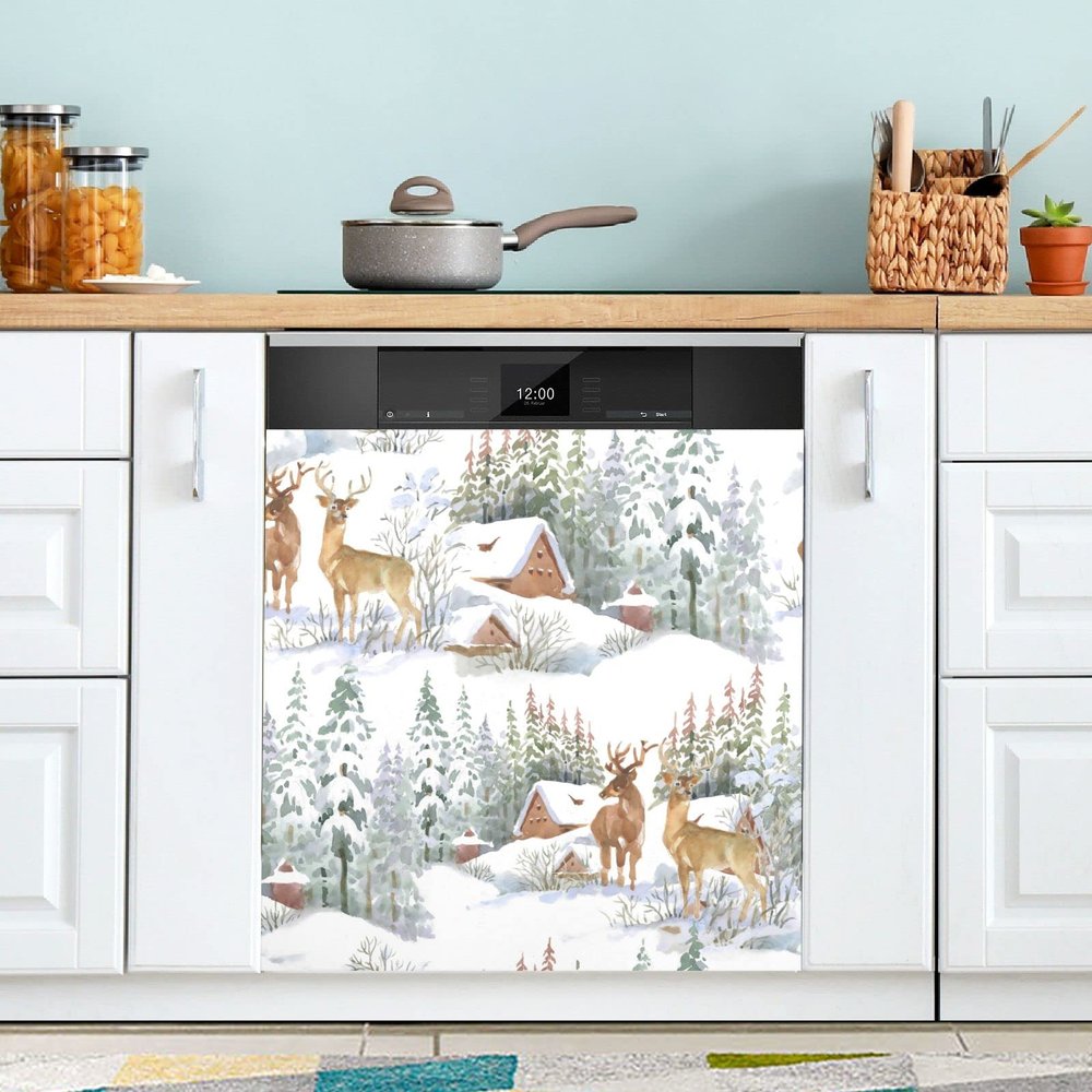 ALAZA Winter Snow Deer Landscape Merry Christmas Dishwasher Magnet Cover Sticker Decorative Refrigerator Magnet Panel Decal Cover for Home Kitchen Appliance Decor