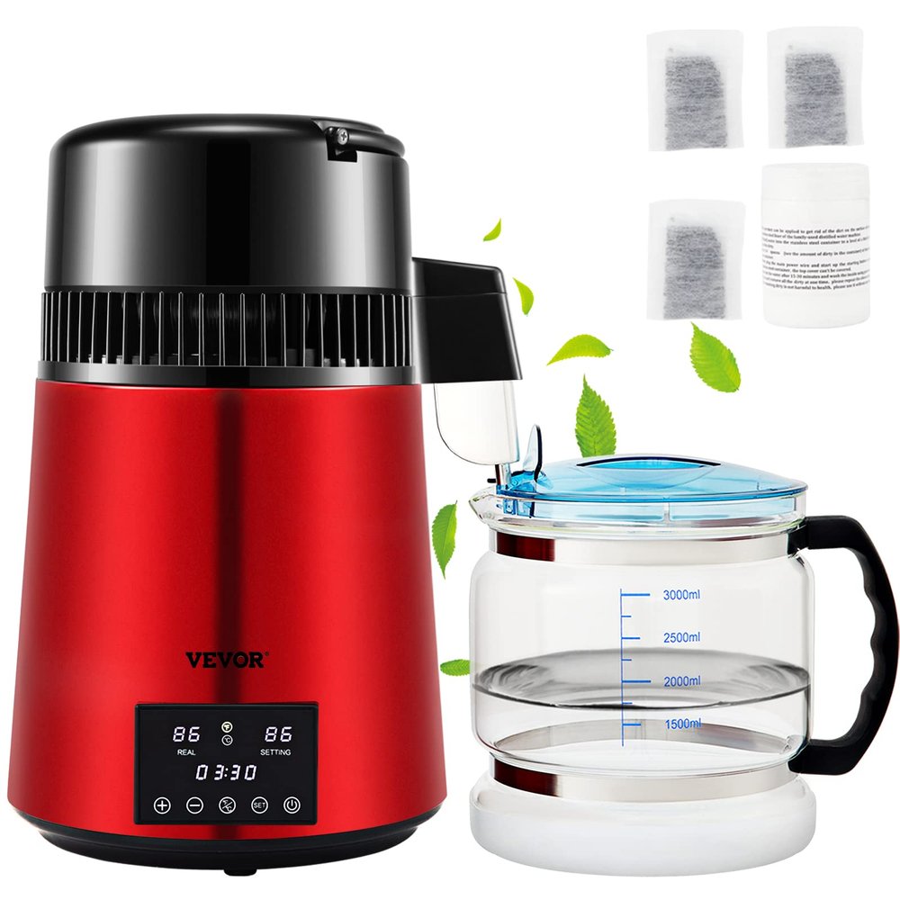 VEVOR 1.1Gal Water Distiller, 0.3Gal/H, Distilled Water Maker Machine 750W 0-99H Timing Dual Temp Display, 304 Stainless Steel Countertop Distiller Glass Carafe Cleaning Powder 3 Carbon Packs, Red