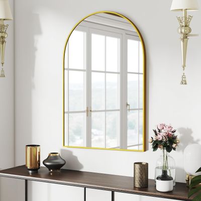 SCWF-GZ 24x36 Arch Mirror Rectangle Full Length Wall Mounted Hanging or Against Wall Metal Aluminum Alloy Frame Dressing Make-up Mirrors for Entryway Bedroom Bathroom Living Room 24 36 inch Gold